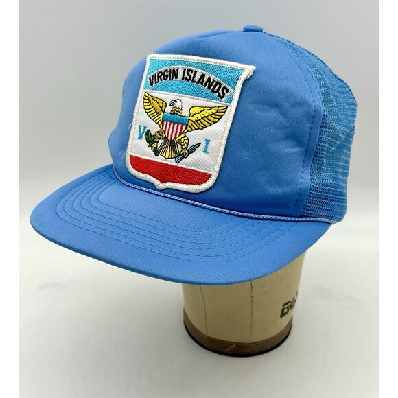Vintage Virgin Islands Patch Mesh Back Hat Cap Blue Snapback W/ Rope - Picture 1 of 9